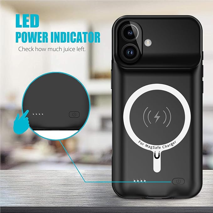 Battery Case for iPhone 16,Full Encircle 10000mAh High Capacity Rechargeable Portable Charger Case Extended Battery Pack Compatible with iPhone 16 (6.1 inch) Wireless Charging Cover with Carplay-Black