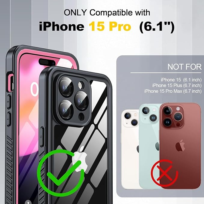 for iPhone 15 Pro Case Waterproof, Built-in Privacy Screen & HD Screen Double Front Frame [IP68 Underwater] Shockproof Dustproof Full Body Protection iPhone 15 Pro Phone Case Pink