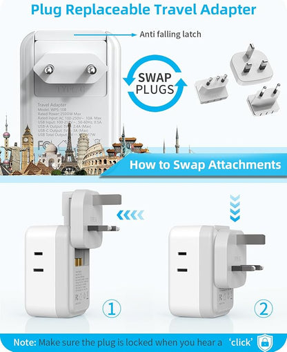 European Travel Plug Adapter Set, 8-in-1 Travel Adapter with 4 Outlets | Universal Travel Adapter, 4 USB Ports (2 USB C), Type G/C/L Detachable Plugs, US to EU/UK Italy, International Power Adapter