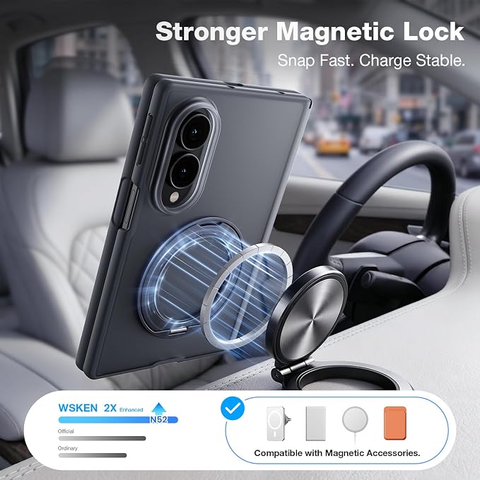 WSKEN Magnetic Case for Samsung Galaxy Z Fold 8-360° Ring Stand Black | MagSafe Compatible, Slim Matte Finish, N52 Magnetic Hold, Daily Drop Protection, Includes 2 X HD Screen Protectors