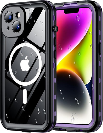 Red2Fire for iPhone 14 Case Waterproof, [Built-in Screen Protector & Camera Protector][Compatible with MagSafe][Full Body Shockproof][IP68 Waterproof][Dustproof] Phone Case 6.1" Purple/Clear
