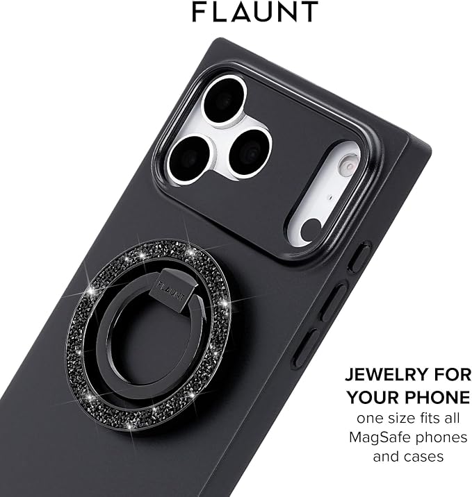 Flaunt MagSafe Ring Phone Stand - Limited Edition Magnetic Phone Grip - Slim, Collapsible Ring Holder & Stand - Detachable, 360° Rotation - Compatible with All MagSafe Cases - Black Crystal Elegance