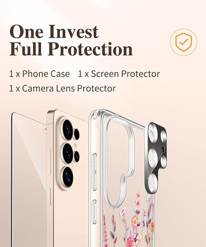 GVIEWIN for Samsung Galaxy S26 Ultra Case, Clear Floral Slim Shockproof Protective Women Phone Case, Non-Yellowing, with Screen Protector & Camera Lens Protector for S26 Ultra 6.9", Floratopia/Orange