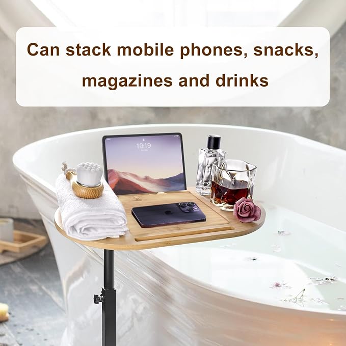 Natural Bamboo Bathtub Tray Caddy Stand - 0.47in Thick Adjustable Height Bath Table with Wine Glass Holder, Expandable Freestanding Design for Spa Relaxation, Bathing & Reading