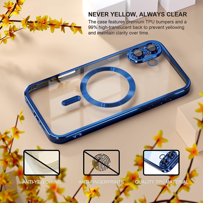 Misea Magnetic for iPhone 17 Case Compatible with MagSafe [Never Yellowing] [Military Grade Drop Protection] Full Camera Lens Protector Plating Soft Clear Phone Case for Women, Deep Blue