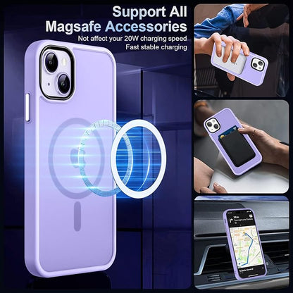 MOCCA Strong Magnetic for iPhone 13 Case, [Compatible with Magsafe][Screen Protector+Camera Lens Protector] Translucent Matte Back Slim Shockproof Case for iPhone 13 Phone Case 6.1", Light Purple