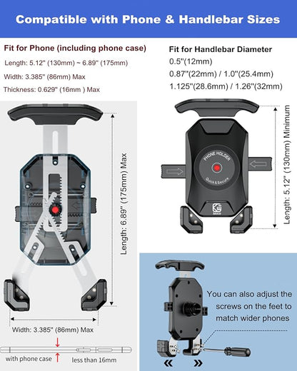 BRCOVAN Motorcycle Bike Phone Mount with Solid Aluminum Alloy Mounting Base, [1s Lock] Handlebar Cell Phone Holder for Bicycle ATV Scooter, Fit 4-7'' Smartphone