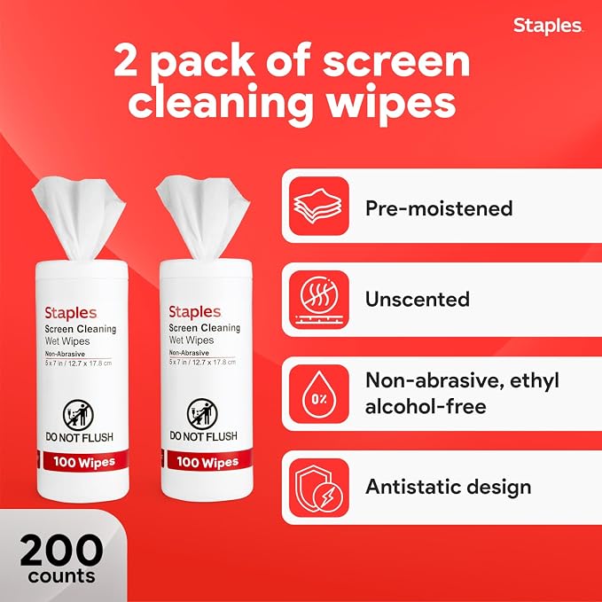 Staples Screen Cleaning Wipes – 100 per Tub, Safe for Monitors, Laptops & Electronics, 2‑Pack