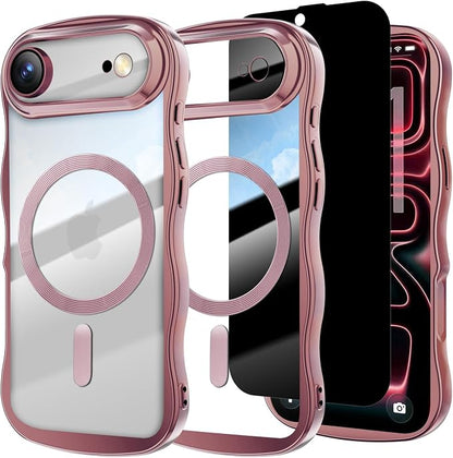 Misscase for iPhone Air Case with Privacy Screen Protector,Compatible with MagSafe,Cute Wave Frame Anti-Scratch Case with Camera Lens Protector Plating Bling Case for iPhone 17 Air Pink