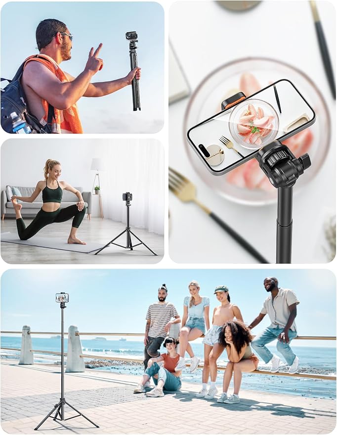 71''/180cm Extendable Phone Tripod Aluminum, Portable Stand for Video Recording, Travel Tripod for iPhone/Cell Phone/Camera Video Light, Compatible with Smartphones, DSLR