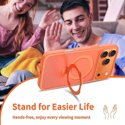 Ultra-Magnetic Stand for iPhone 17 Pro Case [Military Drop Protection] [Compatible with MagSafe] Shockproof Translucent Matte Slim Ring Holder Case for iPhone 17 Pro (Orange)