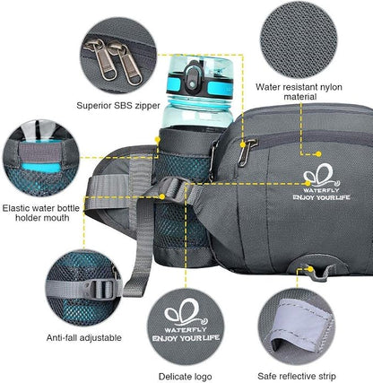 WATERFLY Fanny Pack Waist Bag: Fannie Pack 2 Water Bottle Holders Lumbar Belt Hiking Walking Running Jogging Camping Large Woman Man (Bottle Not Included)