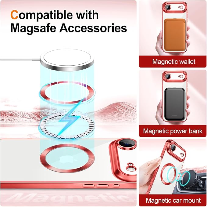 Hython for iPhone Air Case Glitter Clear Magnetic Phone Cases [Compatible with MagSafe] Full Camera Lens Protector Sparkle Luxury Plating Slim Shockproof Protective Cover Women, Gradient Red