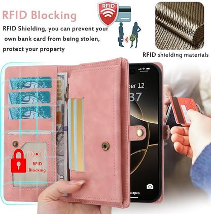 for Wallet Case Compatible with iPhone 16 Pro Max,Multi-Function Detachable 2 in 1 Magnetic iPhone 16 Pro Max Case Wallet,Flip Strap Zipper Card Holder Phone Case with Shoulder Straps (Pink)