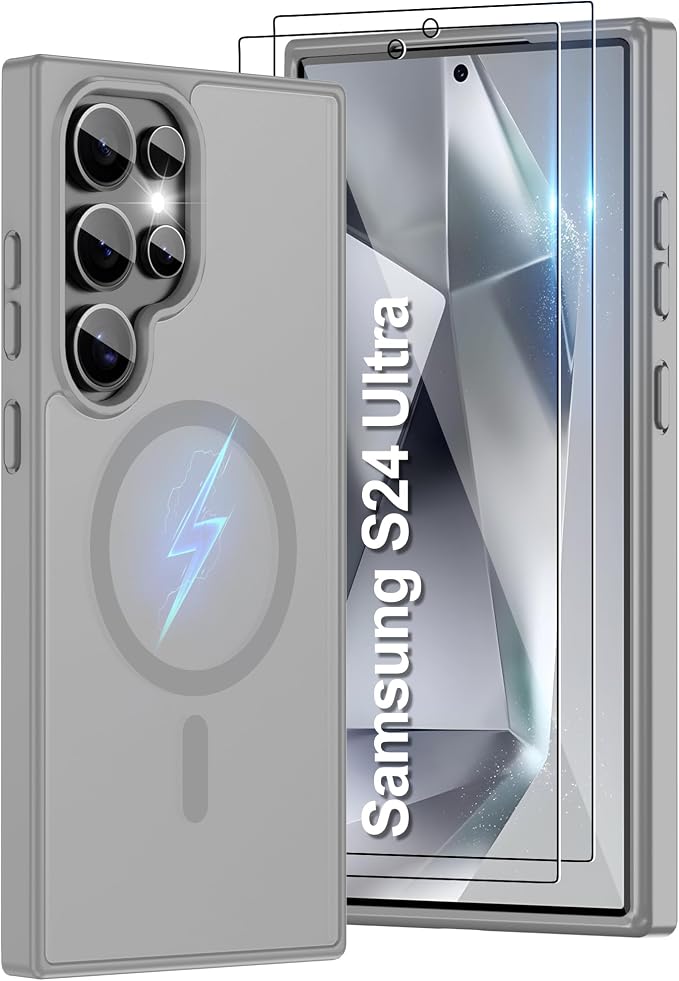 For Samsung Galaxy S24 Ultra Case [Compatible with Magsafe] Translucent Matte Magnetic S24 Ultra Phone Case,SlimThin Duty Shockproof Protection Cover with 2pc HD Screen Protector for S24 Ultra-Gray