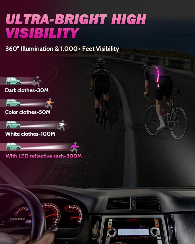 Fitense LED Reflective Belt Sash - 5 Lights Colors & 3 Light Modes High Visibility Night Safety Belt, Rechargeable Light Up Running Gear Adjustable Vest Straps for Runners Walkers Men Women
