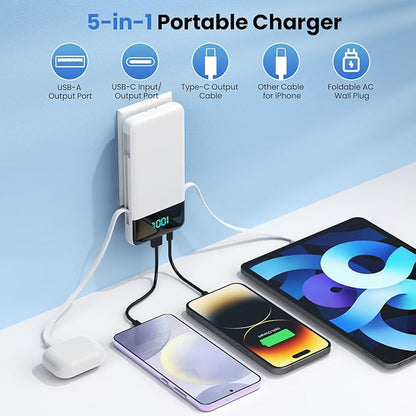 Portable Charger for iPhone,13800mAh Slim Power Bank with Built-in Cables & AC Wall Plug,All in One 4 Outputs USB C Fast Charging Battery Pack Travel Essential for iPhone 17/16/15/14,Android (White)