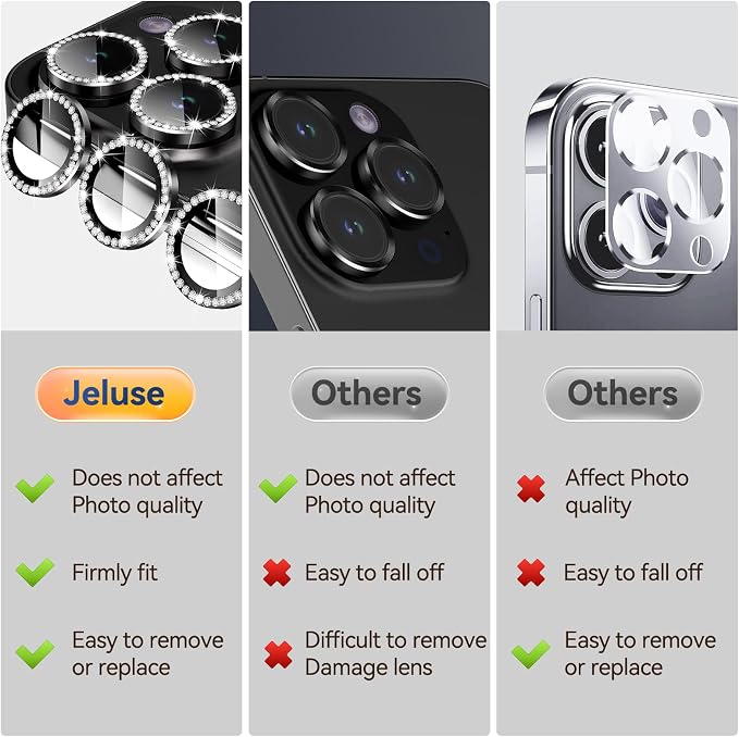 Jeluse Camera Lens Protector for iPhone 17 Pro Max/17 Pro/16 Pro Max/16 Pro/15 Pro Max/15 Pro/14 Pro Max/14 Pro, 9H Tempered Glass Screen Protector Cover Alignment Kit Metal Individual Ring