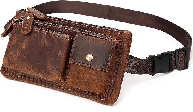 KPYWZER Vintage Leather Waist Bag Fanny Pack for Men Women Hip Bum Bag Belt Slim Cell Phone Purse Wallet Vintage Retro Crossbody Sling Pouch Deep Brown