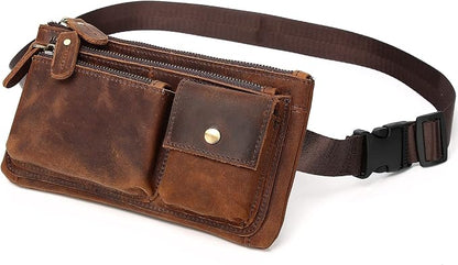 KPYWZER Vintage Leather Waist Bag Fanny Pack for Men Women Hip Bum Bag Belt Slim Cell Phone Purse Wallet Vintage Retro Crossbody Sling Pouch Deep Brown