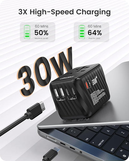 LENCENT Universal Travel Power Adapter, 30W International Wall Charger | with USB C Fast Charging, Worldwide Plug Adaptor Travel Essentials for US to EU UK Ireland Australia Type C/G/A/I Black