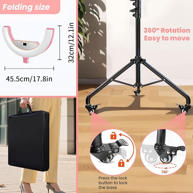 22" Foldable Ring Light with Stand for iPhone ipad, 75" Tripod with Wheels 50W 6500K LED Display/2 USB Ports Large Ringlight Rolling, Tattoo Barber Makeup Studio Video Photography Lighting(Pink)