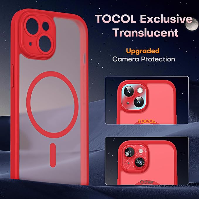 TOCOL Magnetic for iPhone 14 Case, Upgraded Full Camera Protection, Compatible with Magsafe, Drop Protection, Translucent Matte Back Bumper Phone Cover 6.1-Inch (Red)