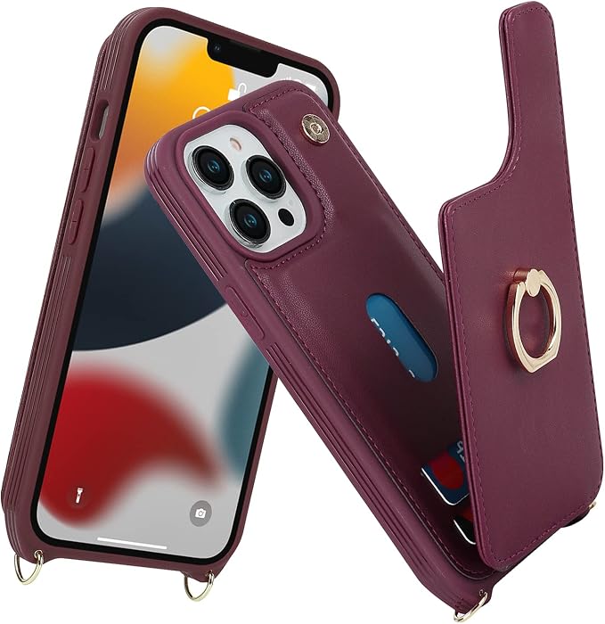 Lipvina for iPhone 12/12 Pro Case with Card Holder and Strap for Women,Crossbody Lanyard,RFID Blocking,Kickstand Ring Stand,Snap Clasp,Phone Wallet Cases 6.1 inch(Wine Red)