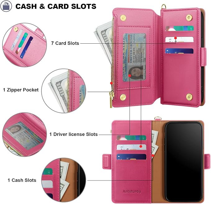 Antsturdy Compatible with iPhone 17 Pro Wallet Case Women,RFID Blocking PU Leather Phone Case Men Kickstand Flip Cover Wrist Strap Zipper Credit Card Holder Slots for Apple 17 Pro 6.3",Hot Pink