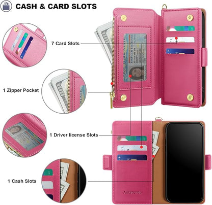 Antsturdy Compatible with iPhone 17 Pro Wallet Case Women,RFID Blocking PU Leather Phone Case Men Kickstand Flip Cover Wrist Strap Zipper Credit Card Holder Slots for Apple 17 Pro 6.3",Hot Pink