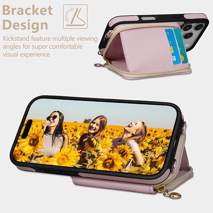Keallce Case for iPhone 17 Pro 6.3'' Case Wallet, Crossbody Zipper Purse with RFID Blocking Card Slots Kickstand, Lanyard & Handstrap Flip Folio Leather Phone Cover for iPhone 17 Pro, Pink