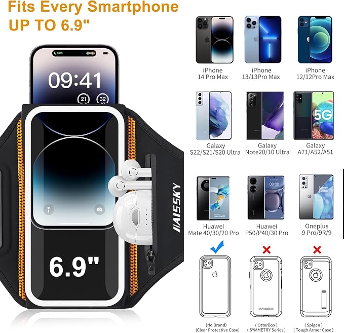 Running Armband with Earphone Bag Cell Phone Armband for iPhone 17 16 15 Pro 14 Plus 13 11 XR, Galaxy S24/S10 Water Resistant Sports Phone Holder Case & Zipper Slot Car Key Holder for 6.9 inch Phone