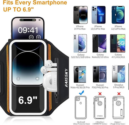 Running Armband with Earphone Bag Cell Phone Armband for iPhone 17 16 15 Pro 14 Plus 13 11 XR, Galaxy S24/S10 Water Resistant Sports Phone Holder Case & Zipper Slot Car Key Holder for 6.9 inch Phone