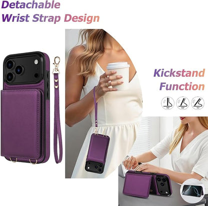 LOHASIC for iPhone 17 Pro Case Wallet with Detachable Crossbody Strap & Wrist Lanyard, RFID Blocking, 4 Card Slots 2 Cash Pockets, Vegan Leather Case with Card Holder for Women Girls, Purple
