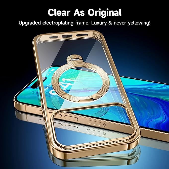 [Tri-Shield Protection] for iPhone 17 Pro Max Case with 360° Spin Stand Compatible with MagSafe [Magnetic CD Ring][Screen & Camera Lens Protector] Shockproof Plating Never-Yellowing, Gold-6.9"