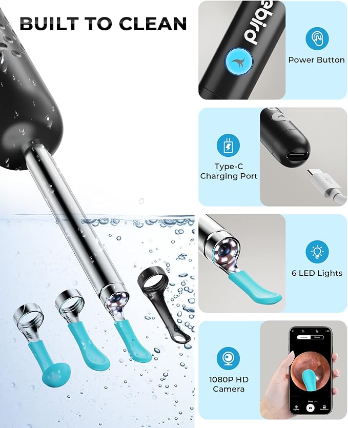 Ear Wax Removal Tool Camera, R1 Upgraded Anti-Fall Off Eartips Ear Cleaner, Wireless Otoscope with 1080P Waterproof Ear Camera, Earwax Removal Kit for iPhone, Android, Black