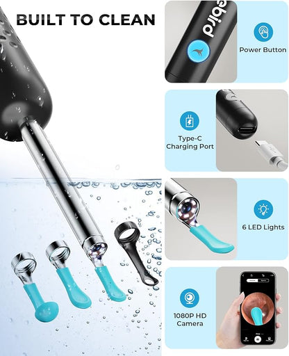 Ear Wax Removal Tool Camera, R1 Upgraded Anti-Fall Off Eartips Ear Cleaner, Wireless Otoscope with 1080P Waterproof Ear Camera, Earwax Removal Kit for iPhone, Android, Black