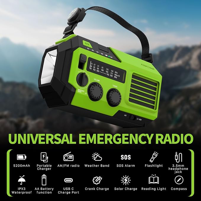 FosPower NOAA Emergency Weather Radio A6 19240mWh Portable Power Bank, AM/FM, USB/Solar/Hand Crank Charging, Battery Operated, SOS Alarm & Flashlight for Indoor/Outdoor Emergency - Green