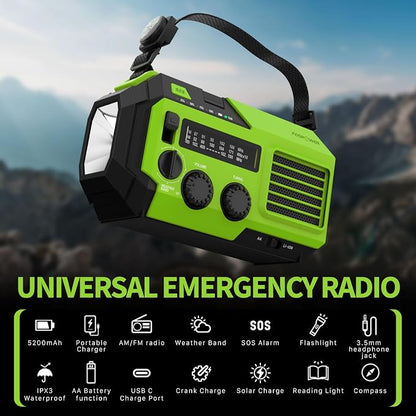FosPower NOAA Emergency Weather Radio A6 19240mWh Portable Power Bank, AM/FM, USB/Solar/Hand Crank Charging, Battery Operated, SOS Alarm & Flashlight for Indoor/Outdoor Emergency - Green