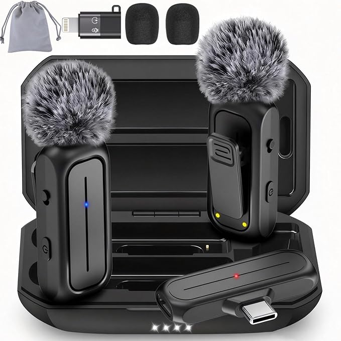 2-Pack Wireless Mini Lavalier Lapel Microphone for iPhone,Android Phone w/ Charging Case - 65ft Cordless Clip on Dual Mics with Noise Reduction 6H Working Time for Video Recording Vlogging,YouTube
