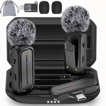 2-Pack Wireless Mini Lavalier Lapel Microphone for iPhone,Android Phone w/ Charging Case - 65ft Cordless Clip on Dual Mics with Noise Reduction 6H Working Time for Video Recording Vlogging,YouTube