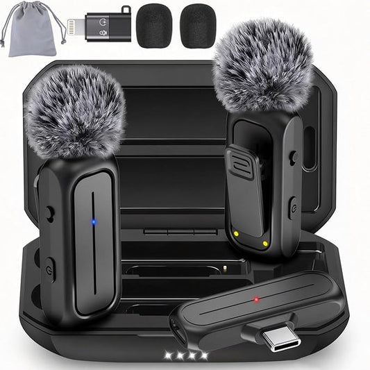 2-Pack Wireless Mini Lavalier Lapel Microphone for iPhone,Android Phone w/ Charging Case - 65ft Cordless Clip on Dual Mics with Noise Reduction 6H Working Time for Video Recording Vlogging,YouTube