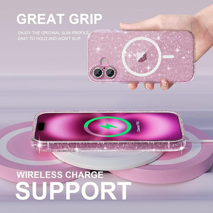 Choiche for iPhone 16 Case Magnetic, Women Clear Glitter Bling Sparkly Case, [2xDiamond Camera Lens Protectors] [2xTempered Glass Screen Protectors] [Compatible MagSafe] 6.1" (Glitter Clear)