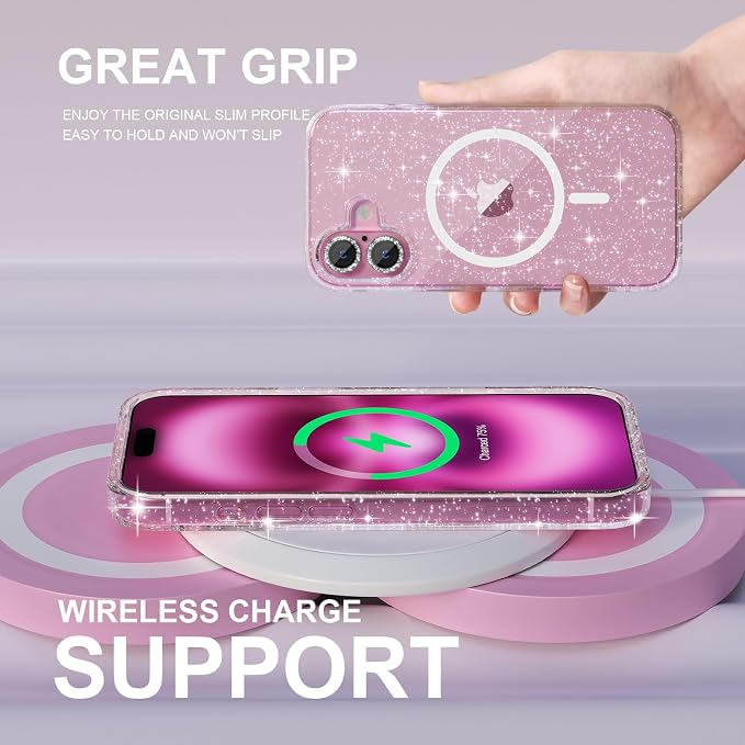 Choiche for iPhone 16 Plus Case Magnetic, Women Clear Glitter Bling Sparkly Case, [2xDiamond Camera Lens Protectors] [2xTempered Glass Screen Protectors] [Compatible MagSafe] 6.7" (Glitter Clear) | Women, Bling, Sparkly, Compatible MagSafe