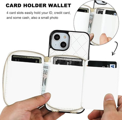 Bocasal Crossbody Wallet Case for iPhone 13, RFID Blocking PU Leather Zipper Handbag Purse Flip Cover, Kickstand Folio Case with Card Slots Holder Wrist Strap Lanyard 5G 6.1 Inch (White)