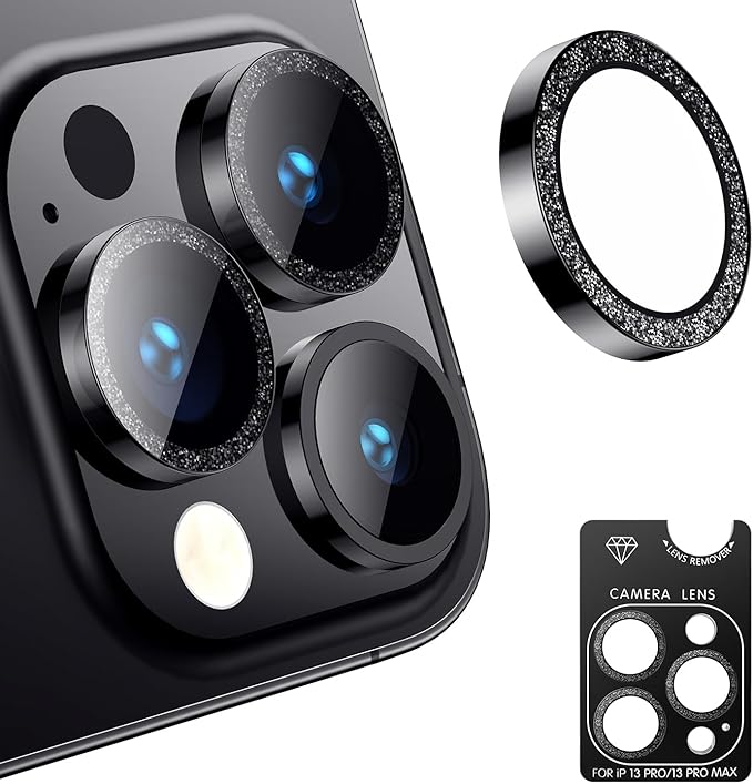 AFARER Camera Lens Protector for iPhone 13Pro/13 Promax, [Not Easy to Break][Strong Adsorption][Case-Friendly] Individual Bling Cover, Metal Tempered Glass Rear Camera Screen Cover (Glitter-Black)
