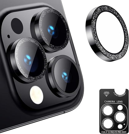 AFARER Camera Lens Protector for iPhone 13Pro/13 Promax, [Not Easy to Break][Strong Adsorption][Case-Friendly] Individual Bling Cover, Metal Tempered Glass Rear Camera Screen Cover (Glitter-Black)