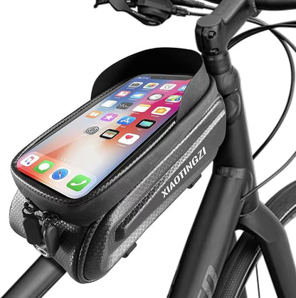 Hard Shell Bike Phone Bag, 1.5L Waterproof Bicycle Front Frame Bag, PU+EVA Material with Zippered Pocket, Universal Adjustable Rack Mount for Cycling