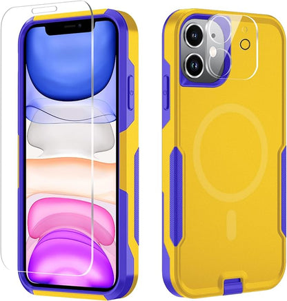 Xmon for iPhone 11 Magnetic Case [Compatible with MagSafe] Tempered Glass Screen Protector with Camera Lens Protector Phone Case Cover for Apple iPhone 11 (Magnetic Yellow)