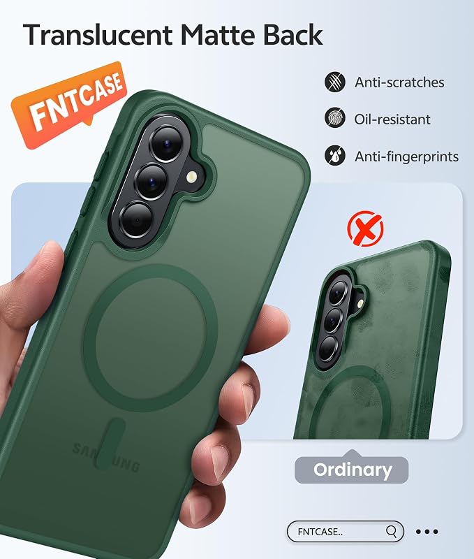 FNTCASE for Galaxy A37/A36 5G Phone Case, Fit for Magsafe, Screen Protector | Translucent Matte Magnetic Back, 14FT Military Grade Drop Protection, Shockproof Protective, for Samsung A37 Cover, Green